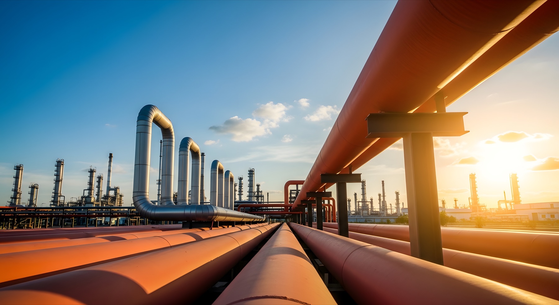 Industrial pipelines and processing towers in warm evening light